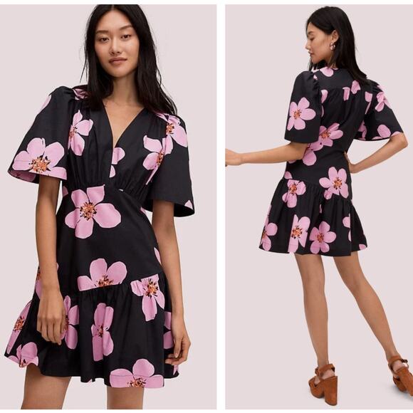 KATE SPADE Grand Flora Cotton Poplin Mini Dress Black Pink Sz 6 {OO40} - Picture 1 of 6